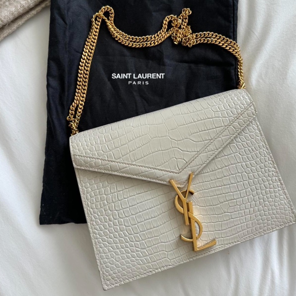Saint Laurent White Cassandra Croc embossed leather cross body bag